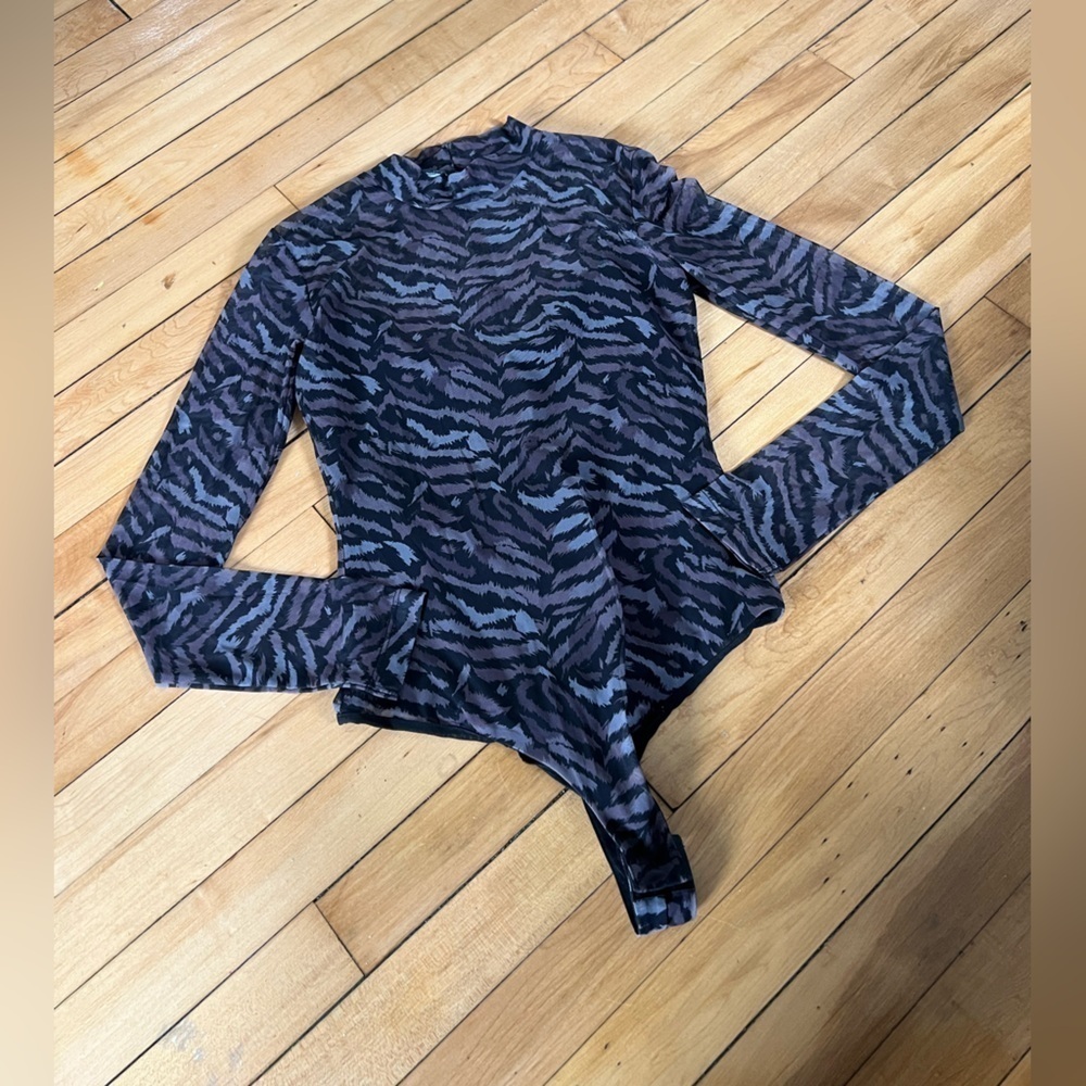 All Saints Black and Gray Zebra Print Bodysuit